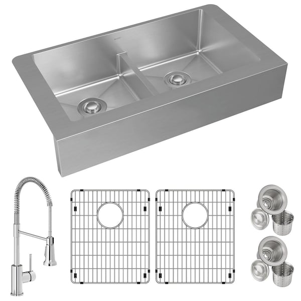 Elkay 18 Ga SS 35-7/8" x 20-1/4" x 9" Equl Dbl Bwl Farmhs Sink and Faucet Kit w/ Aqua Div and Btm Grid and Drain ECTRUFA32179FBC - main